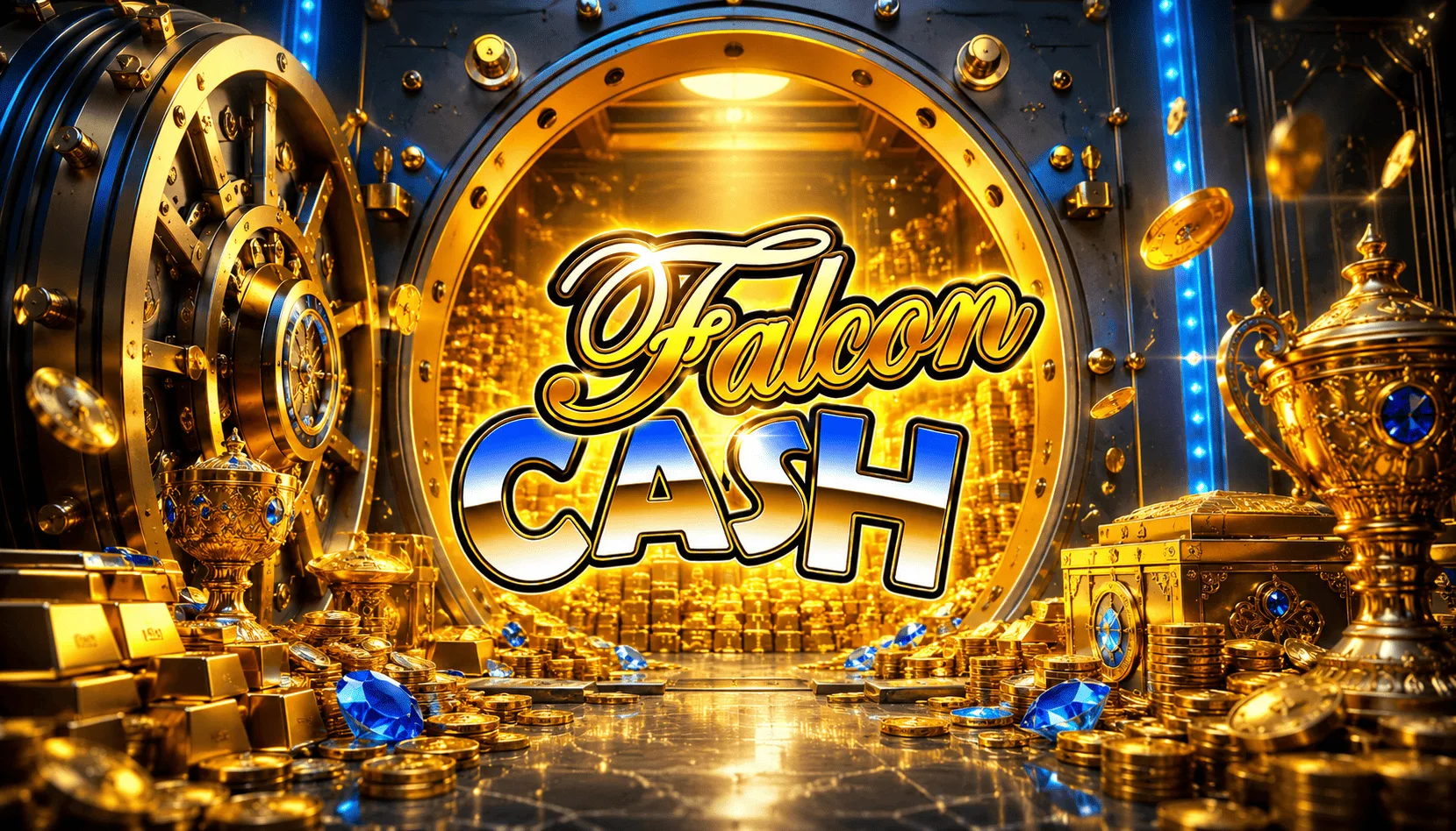Falcon Cash con b&oacute;veda dorada y logotipo del slot