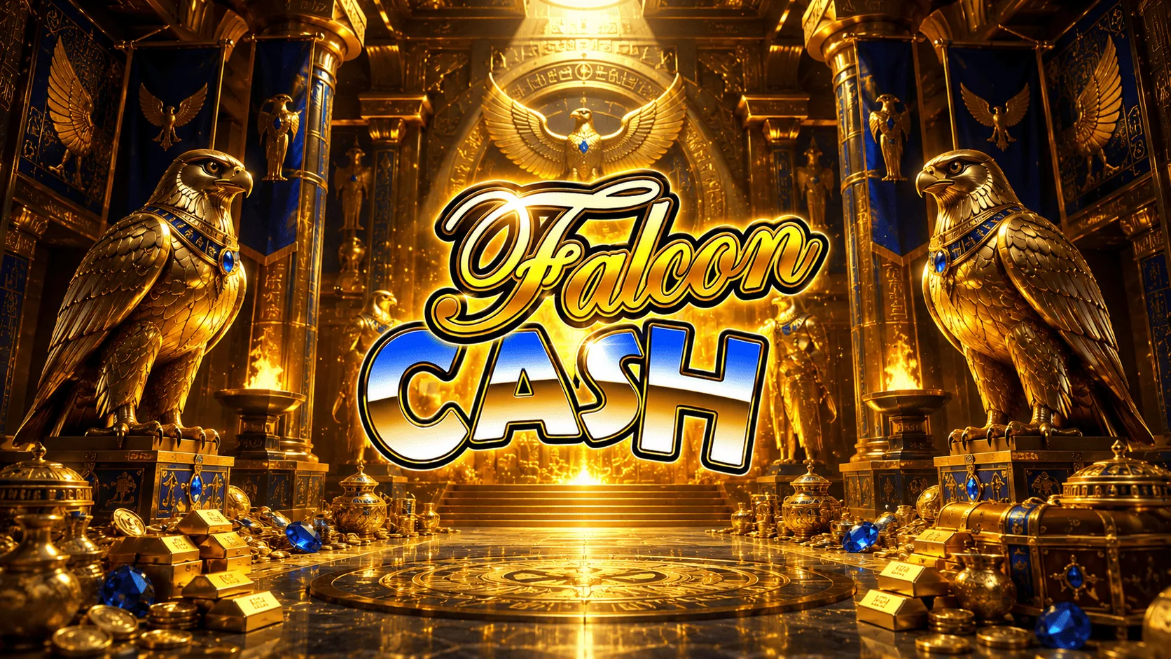 Falcon Cash de Check-in Gaming con halcones dorados y b&oacute;veda